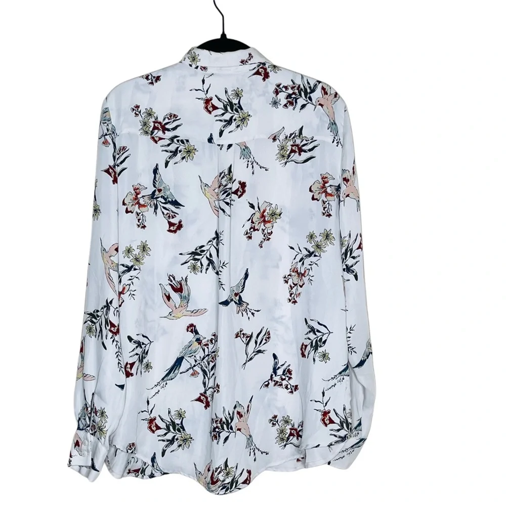 H & M Long Sleeve Blouse Button Front Top Collared Shirt Bird & Floral Print - Picture 2 of 6